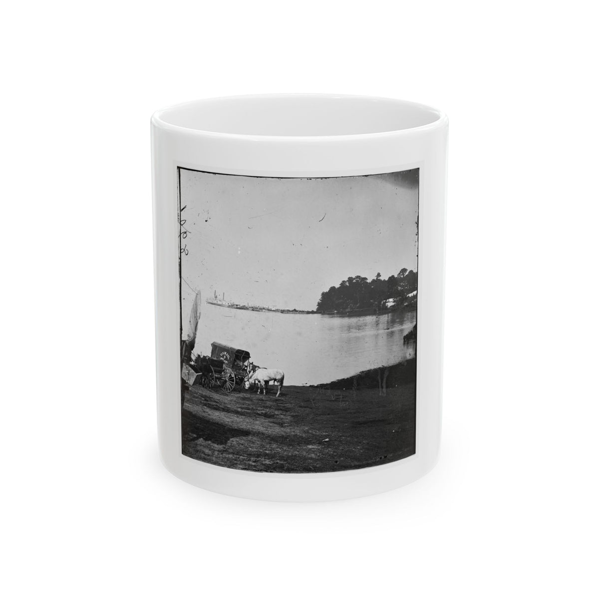 Black and white print of a white horse beside a covered mail wagon on a riverbank, with a steamboat.