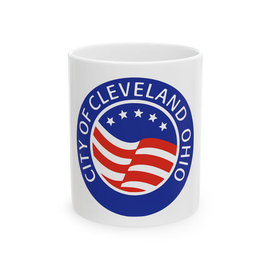 Blue circular City of Cleveland seal with white lettering around the rim and a red and white striped flag.