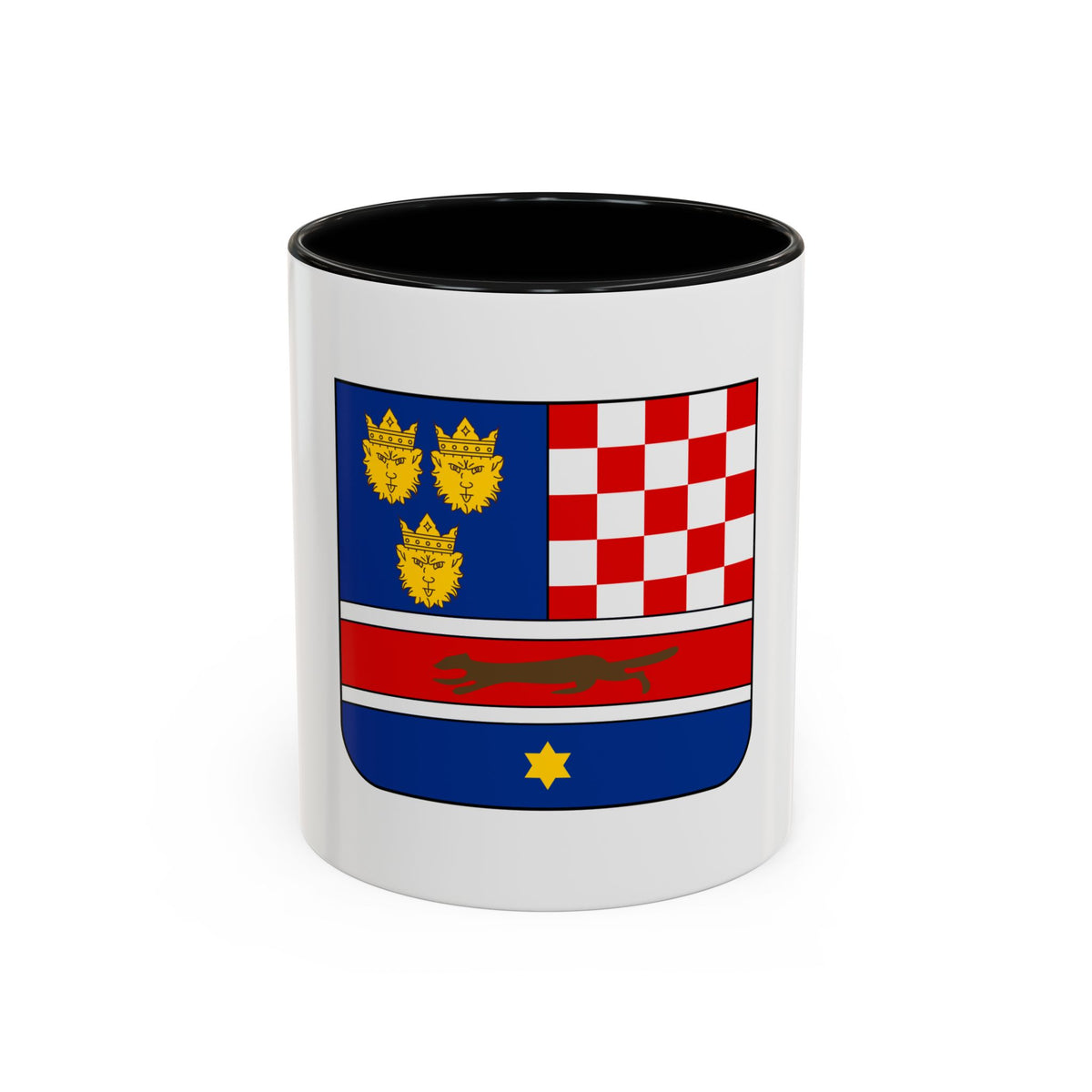 Heraldic shield with three crowned gold lion heads on blue, a red and white checkerboard and a gold star.