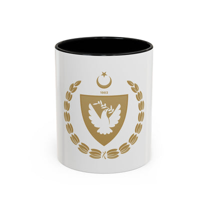 Gold shield with a white dove carrying an olive branch, inside a gold laurel wreath with a crescent above.