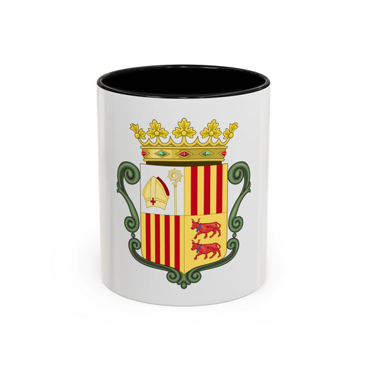 Quartered heraldic coat of arms with a mitre, two red bulls and red and gold stripes under a gold crown.