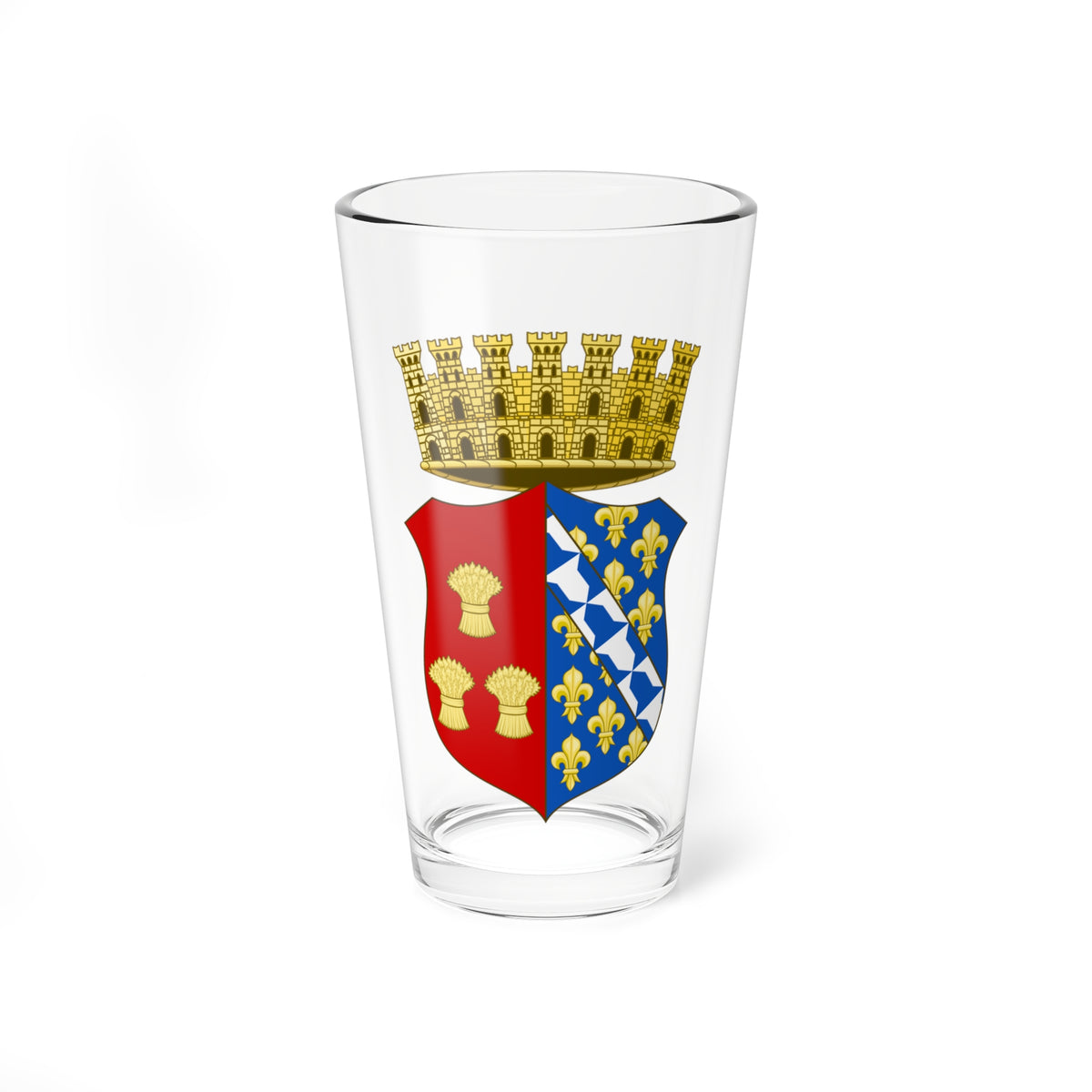 Heraldic shield split red and blue, with pale wheat sheaves on crimson and fleurs-de-lis on blue, under a mural crown.