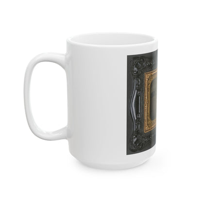 Private Levi F. Hocker Of Co. F, 17th Pennsylvania Cavalry Regiment, In Uniform With Pistol And Sword, On Horseback (U.S. Civil War) White Coffee Mug