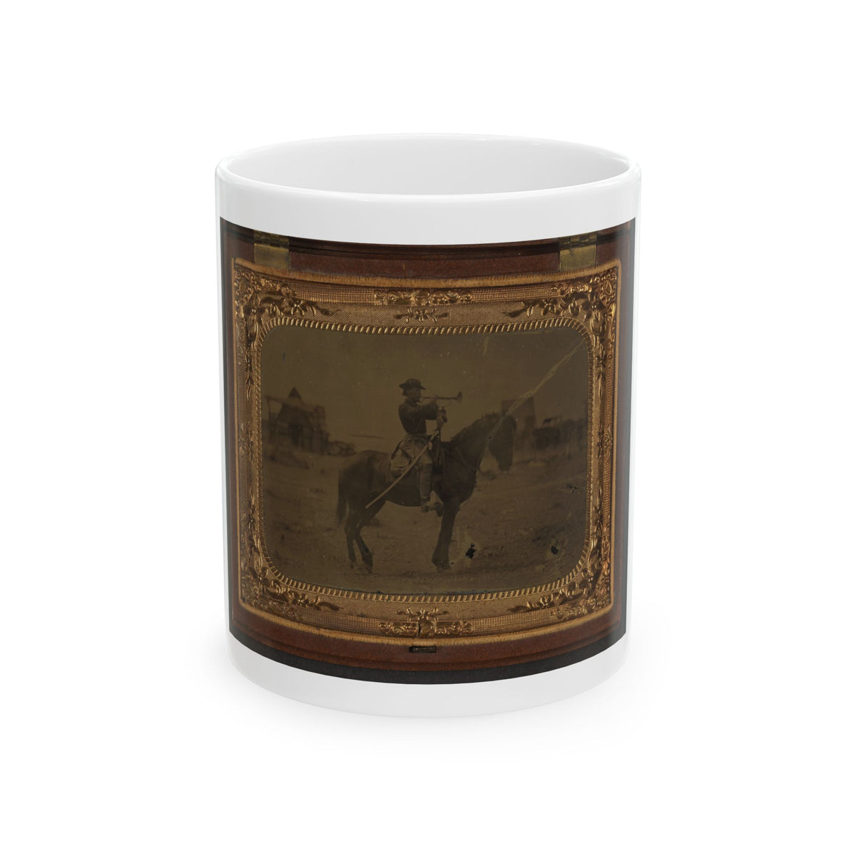 Unidentified Soldier In Union Uniform Atop Horse Blowing Bugle While Unsheathing Sword (U.S. Civil War) White Coffee Mug