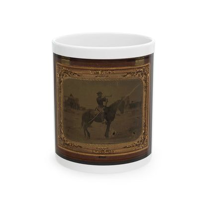 Unidentified Soldier In Union Uniform Atop Horse Blowing Bugle While Unsheathing Sword (U.S. Civil War) White Coffee Mug
