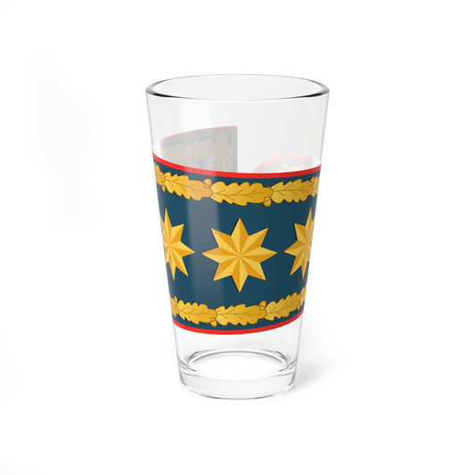 Horizontal navy shoulder board with three golden eight-pointed stars, a crescent and an oak leaf border.