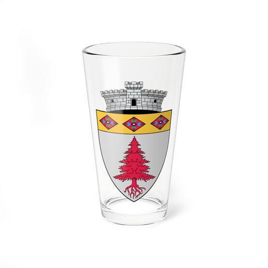 Red fir tree with roots on a silver heraldic shield below a gold band of three diamond motifs and a stone tower.