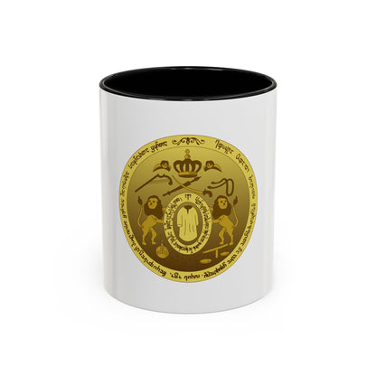 Gold circular heraldic seal with two rampant lions, a crown, scales and a robed figure in an oval, ringed by script.