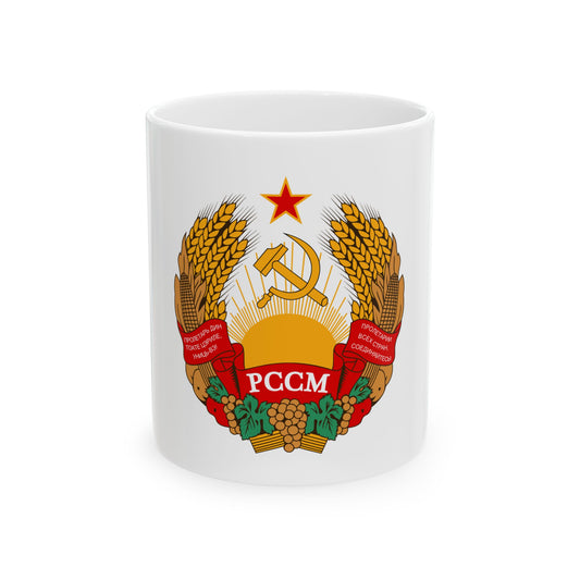 Gold wheat wreath with a hammer and sickle over a sunrise, a red star above and red ribbons with Cyrillic lettering.