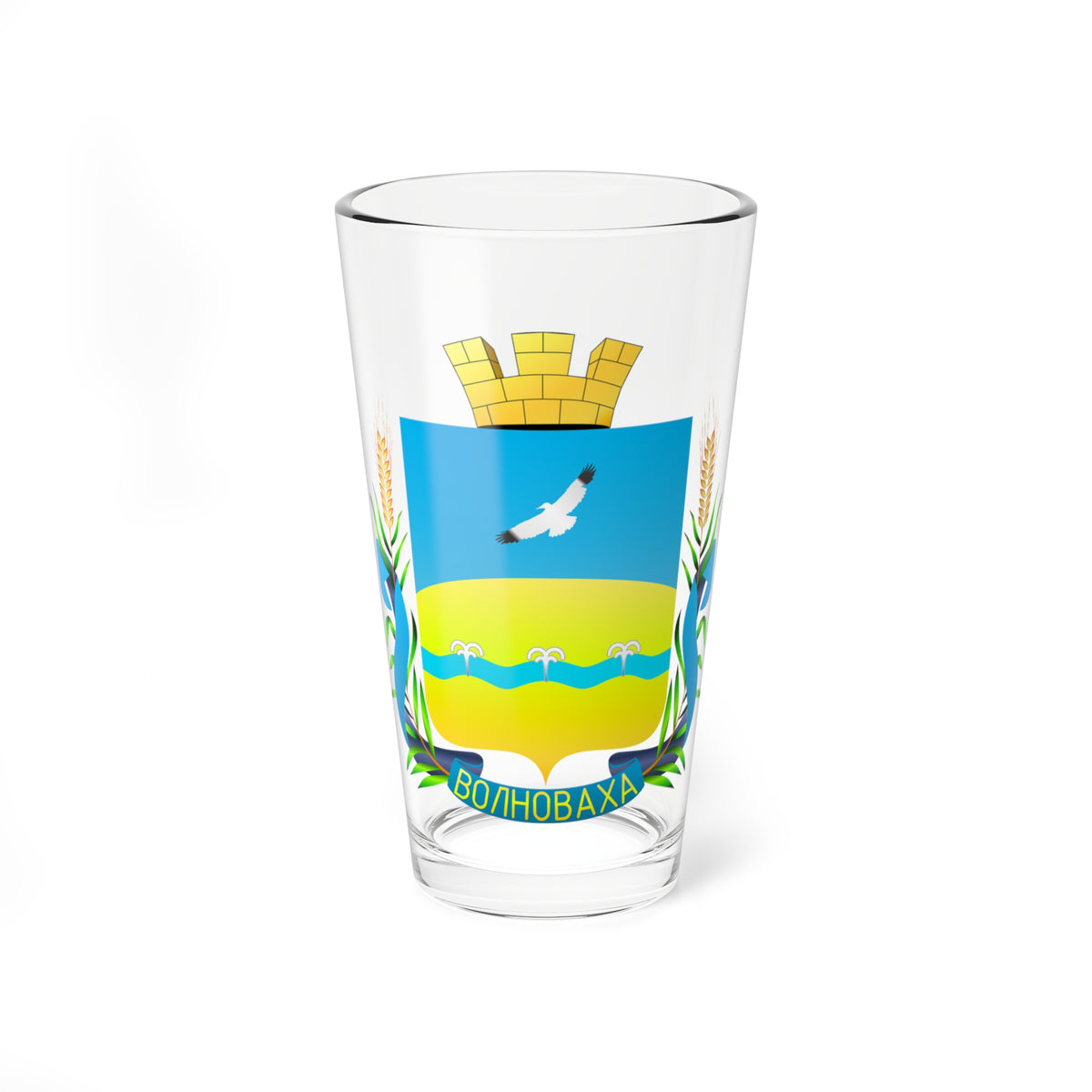 Coat of arms with a white soaring bird on sky blue over yellow ground, framed by wheat ears and a blue ribbon.