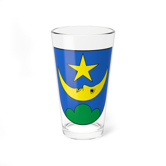 Yellow crescent moon with a closed-eye face and a yellow star above it over a green hill on a blue shield.