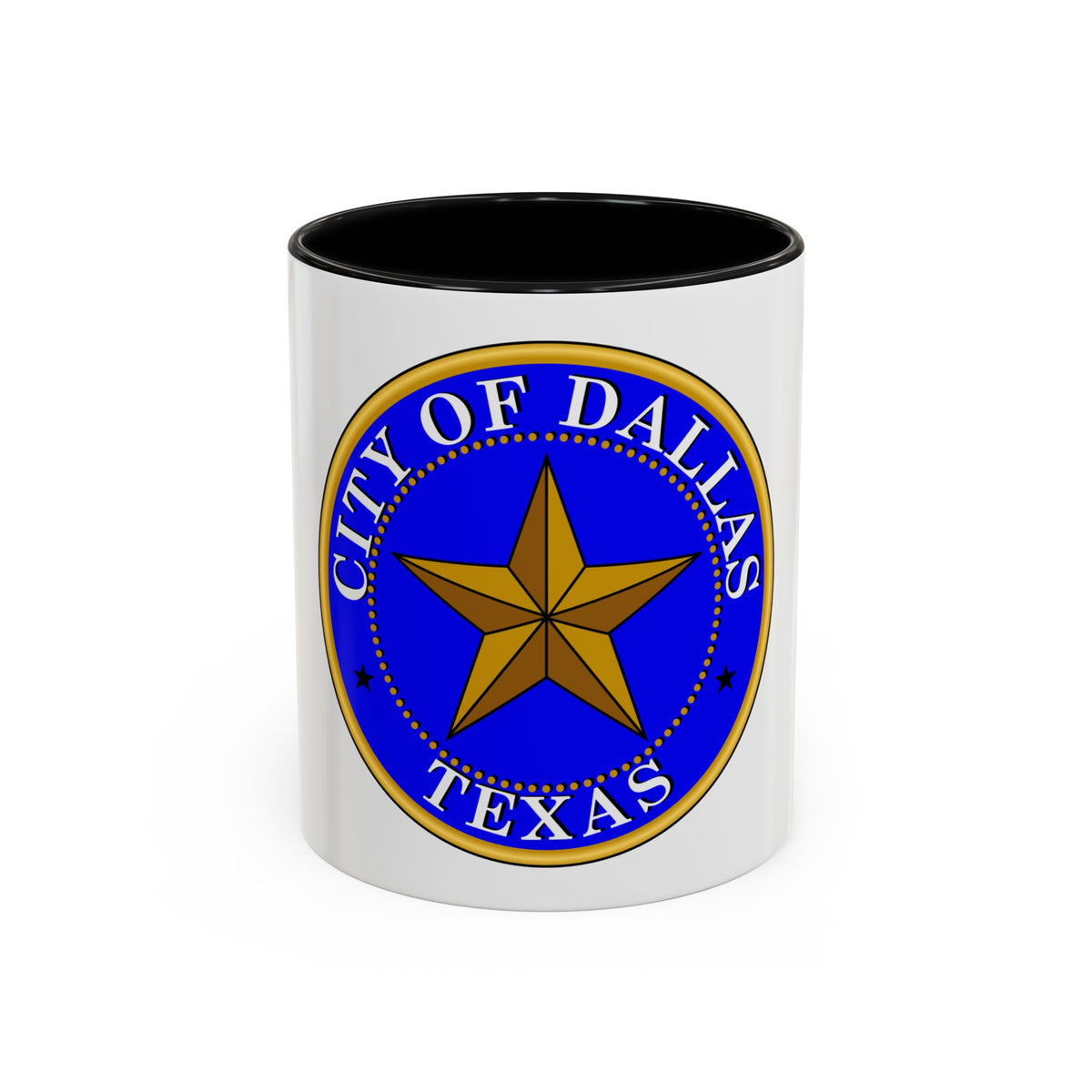 Circular blue and gold seal with a large gold five-pointed star, a dotted ring and the words City of Dallas Texas.