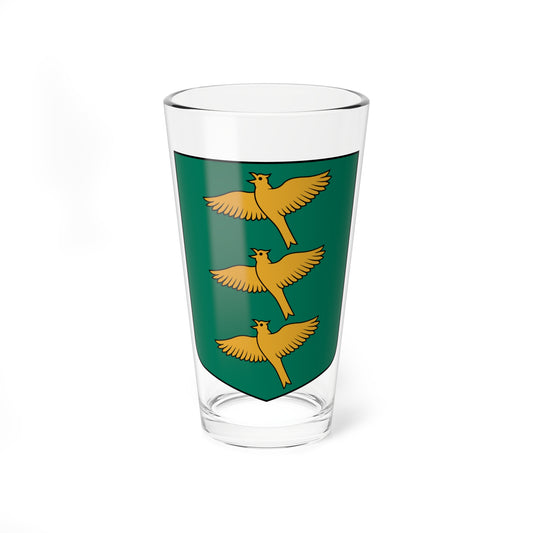 Three gold birds flying one above another on a green heraldic shield with a black outline.