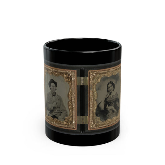 Two tintype portraits in an open gilt case, a man in a hat on the left and a woman in a striped dress on the right.