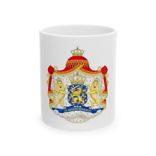 Heraldic royal coat of arms with two gold lion supporters, a blue shield with a gold lion and a crown.