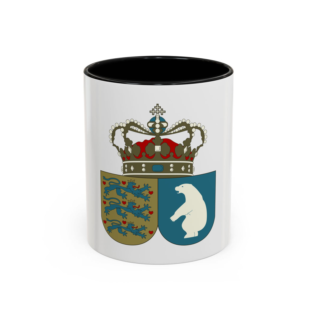 Pearled crown above a split shield: three blue lions on gold, and a white polar bear on a teal field.