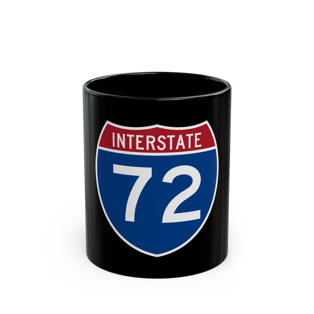 Flat vector US Interstate 72 highway shield with white INTERSTATE lettering above the number 72 on a navy blue field.