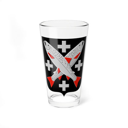 Black heraldic shield with two silver salmon crossed in saltire, red fins, and four silver crosses around them.