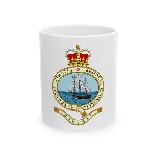 Oval badge with a three-masted ship under sail at sea, a Union Jack on the stern, a gold crown and a ribbon below.