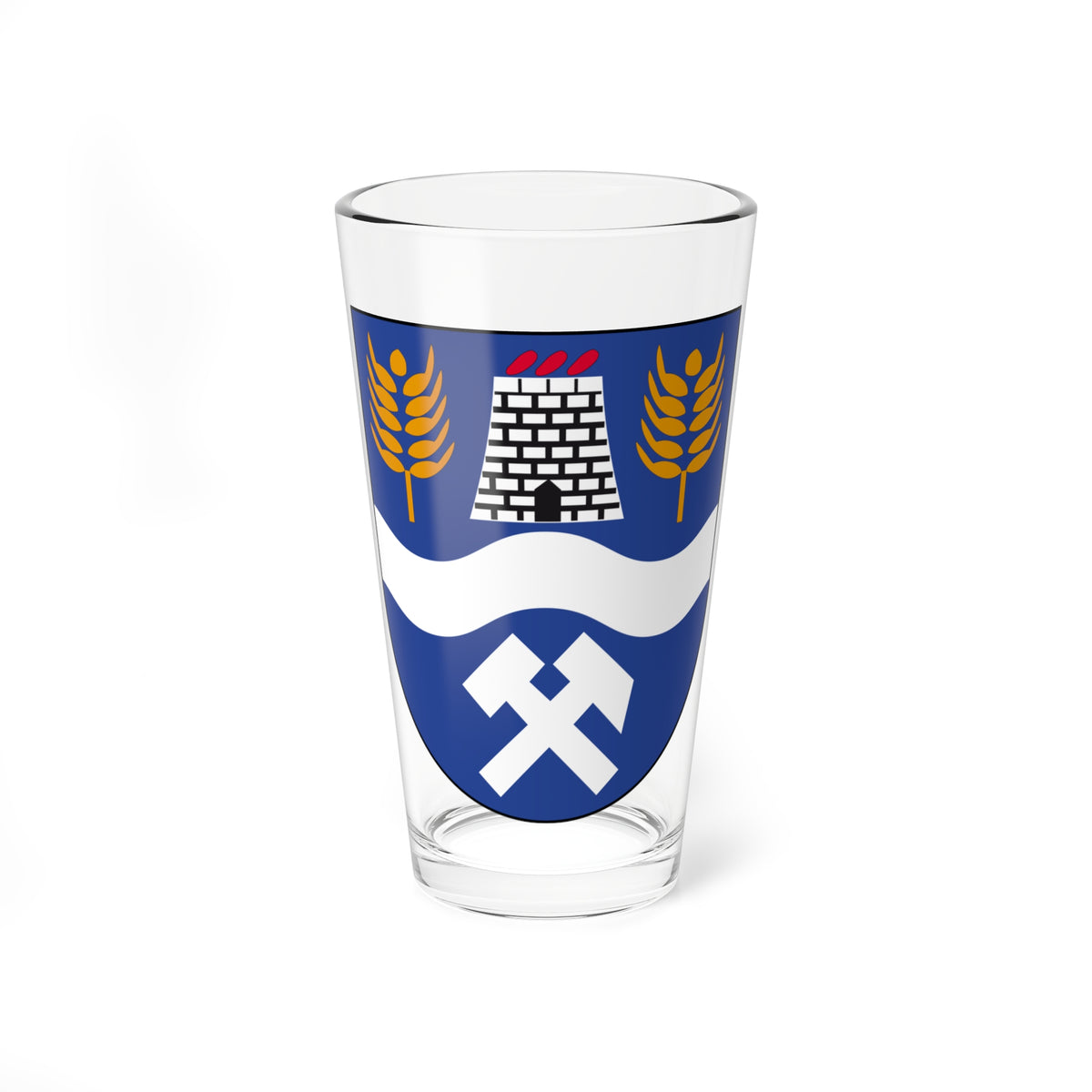 Blue heraldic shield with two golden wheat sheaves, a brick kiln with red flames, and a white crossed hammer and pick.