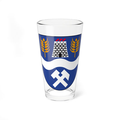 Blue heraldic shield with two golden wheat sheaves, a brick kiln with red flames, and a white crossed hammer and pick.