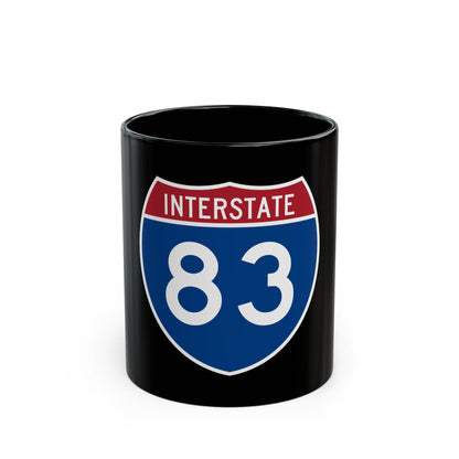 Flat vector US Interstate 83 route shield with a red top band reading INTERSTATE and white numerals 83 on navy.