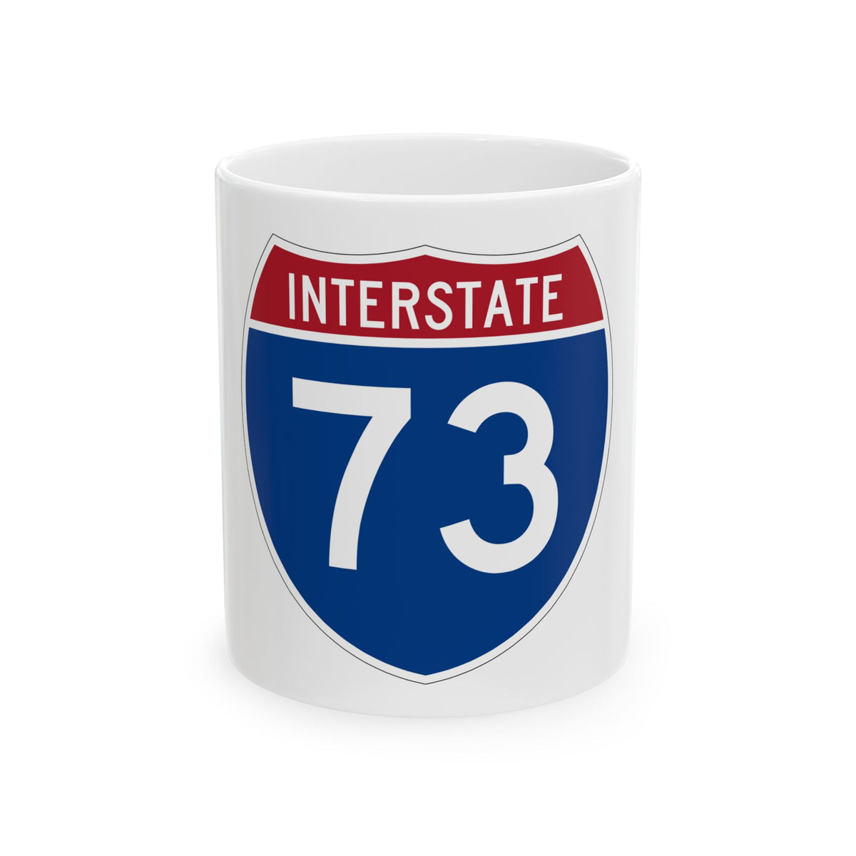 Flat vector US Interstate 73 route shield: white INTERSTATE above the number 73, set on navy blue.