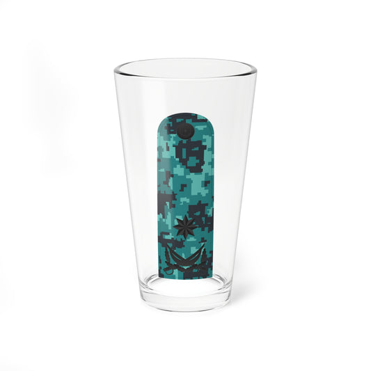 Tall teal digital camouflage shoulder board with one dark eight-pointed star above a dark crescent and a round badge.