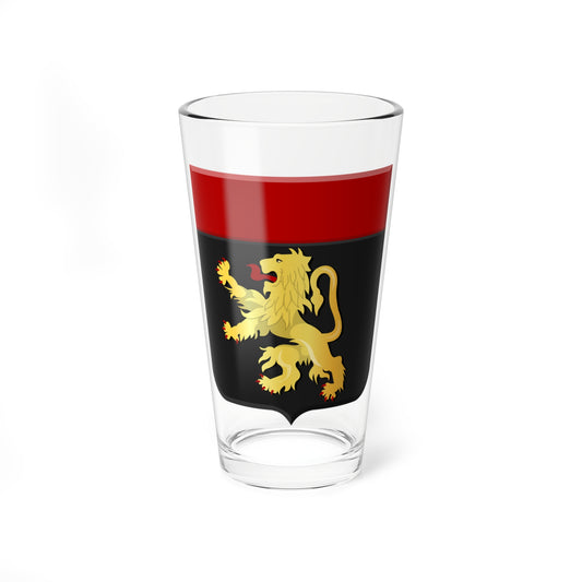 Gold lion rampant on a black heraldic shield with a red band across the top, on a white background.