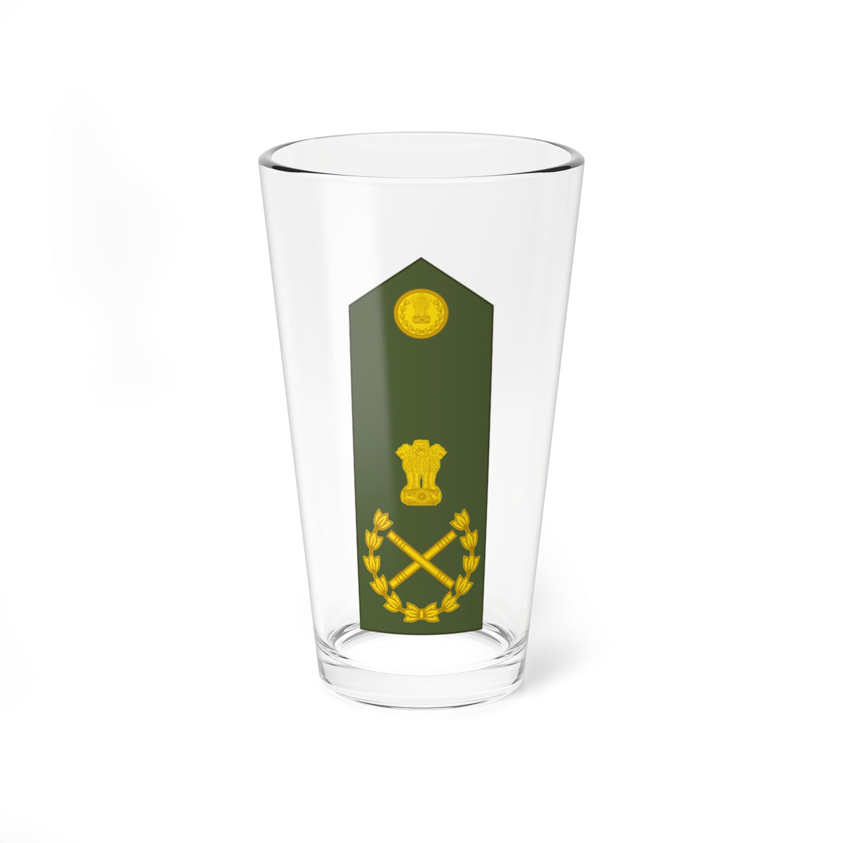 Olive green military shoulder board with a gold lion emblem and crossed gold batons in a laurel wreath.