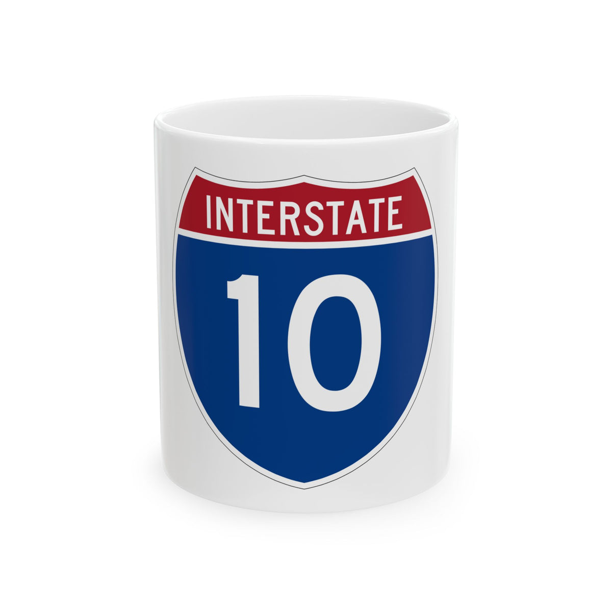 Blue and red Interstate highway shield reading INTERSTATE above the route number 10 in white numerals.