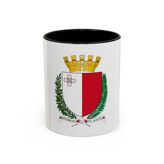 Coat of arms with a red and white shield, a gold towered crown, green laurel and palm branches and a ribbon banner.