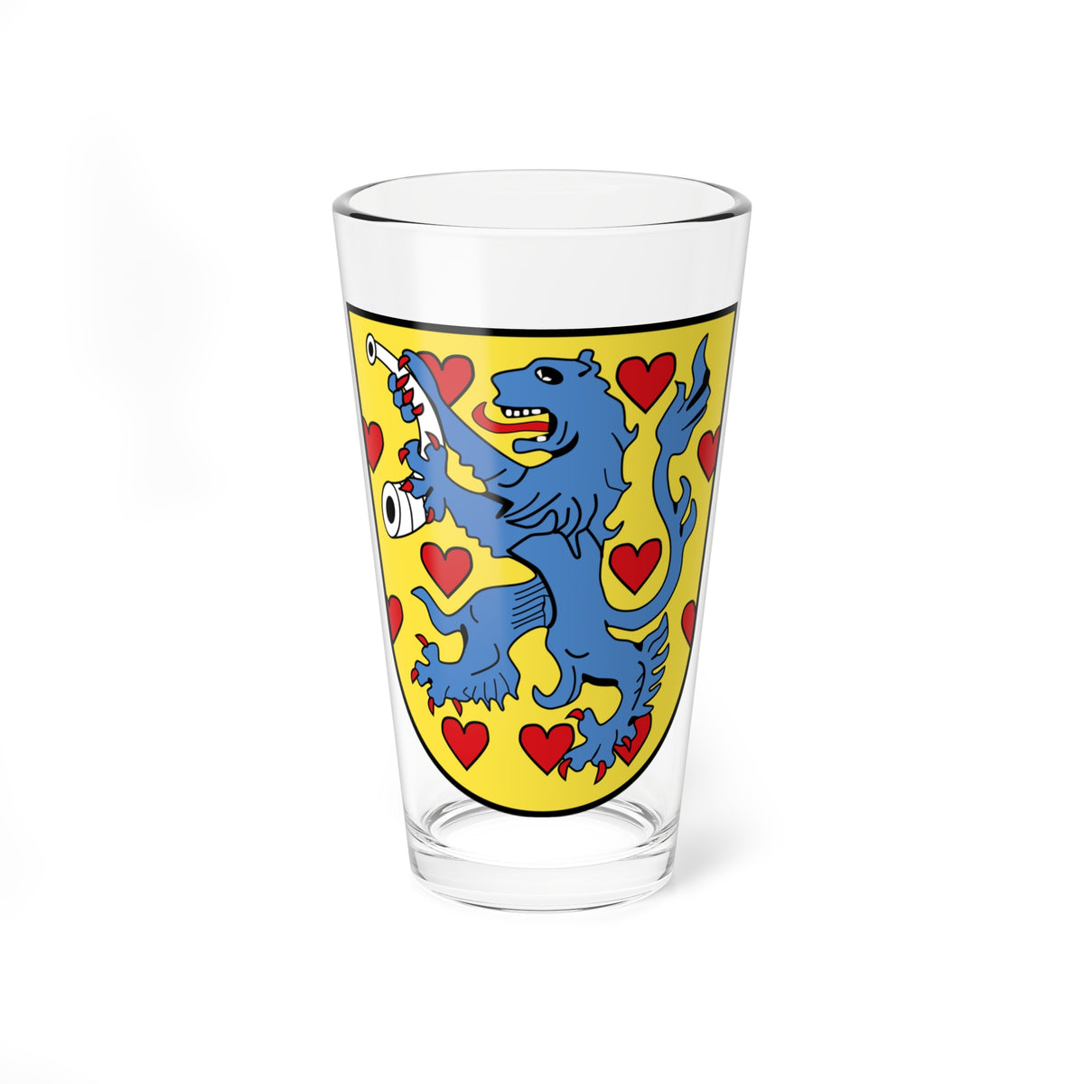 Flat vector heraldic shield with a blue lion holding a white horn on yellow, scattered with red hearts.