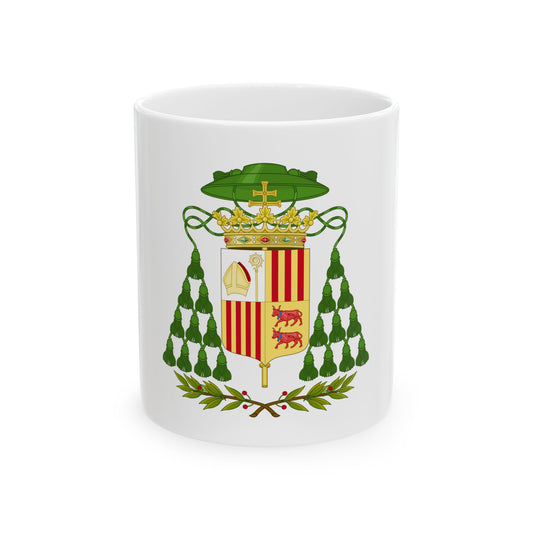 Flat vector ecclesiastical shield with a mitre, crozier and two red bulls, under a green galero with tassels.