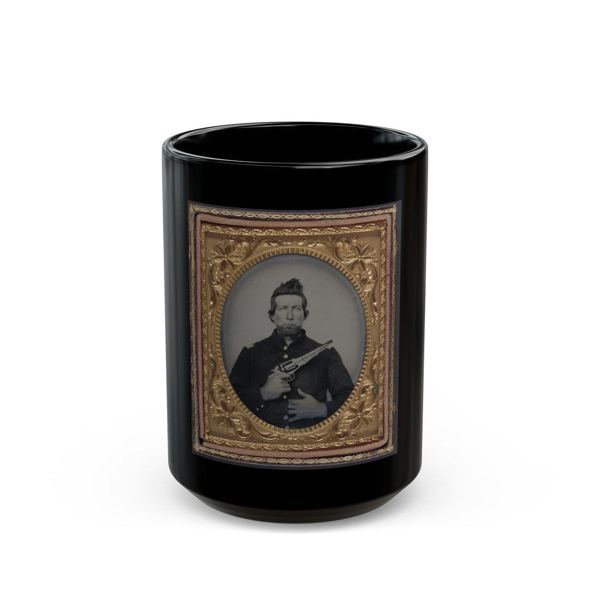Unidentified Cavalry Soldier In Union Frock Coat With Remington New Model Army Revolver (U.S. Civil War) Black Coffee Mug