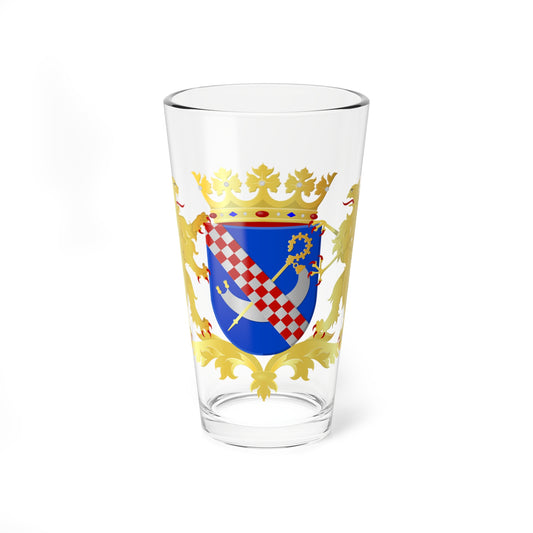 Heraldic achievement with gold lion and griffin supporters flanking a blue shield with a checkered bend and crosier.
