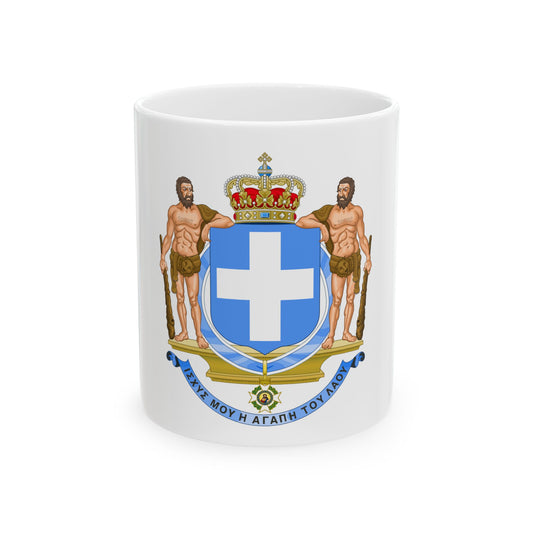 Coat of arms with a white cross on blue, flanked by two bearded figures, crowned, with a Greek motto ribbon below.