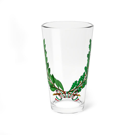Green laurel and oak wreath with acorns and shading, tied at the base with a green, white and red ribbon.