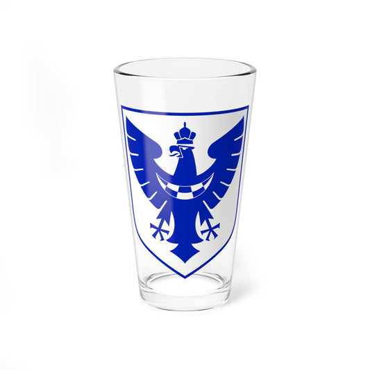 Blue heraldic eagle with spread wings and a small crown above its head on a white shield outlined in blue.