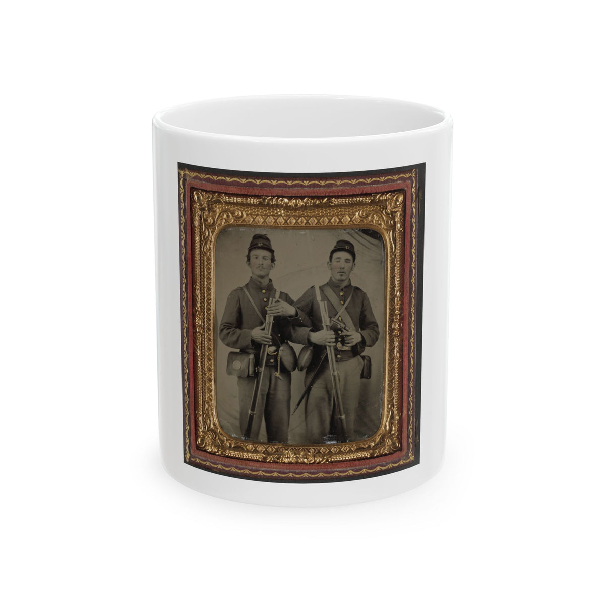 Two Unidentified Soldiers In Union Uniforms With Model 1809 Prussian Bayoneted Muskets And Model 1858 Cloth-Covered Canteens (1) (U.S. Civil War) White Coffee Mug