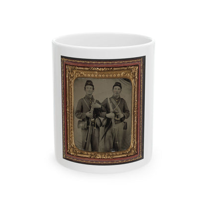 Two Unidentified Soldiers In Union Uniforms With Model 1809 Prussian Bayoneted Muskets And Model 1858 Cloth-Covered Canteens (1) (U.S. Civil War) White Coffee Mug