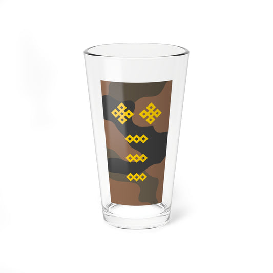 Brown and charcoal camouflage with four gold interlocking knot ornaments scattered across the pattern.