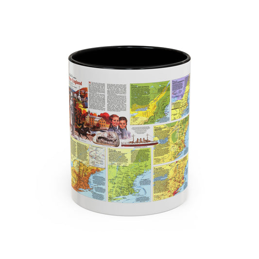 Multi-panel history poster of New England with a colonial village, two children, a sailing ship and thematic maps.