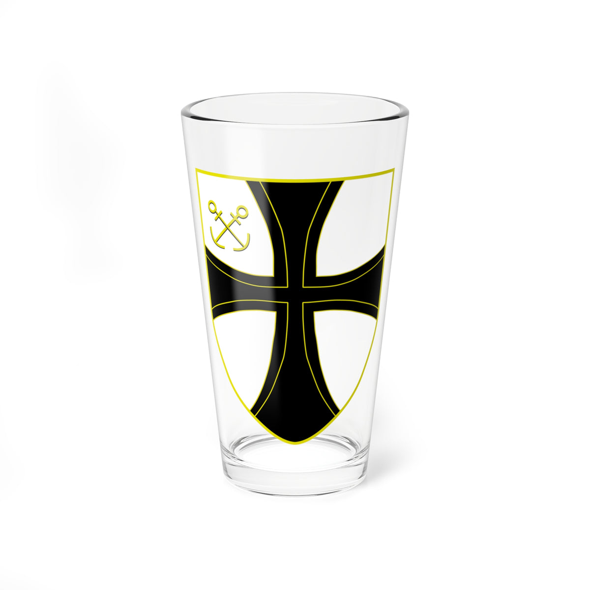 Heater-shaped white shield with a black flared-arm cross edged in yellow and yellow crossed keys in the upper left.