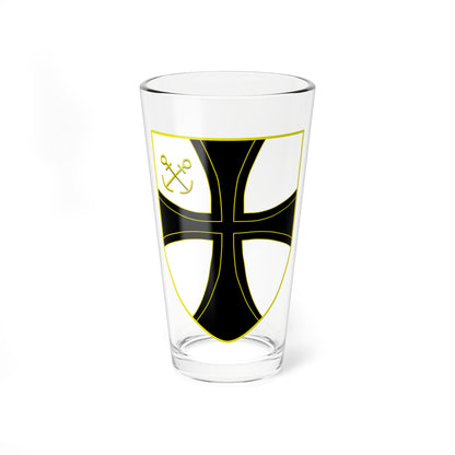 Heater-shaped white shield with a black flared-arm cross edged in yellow and yellow crossed keys in the upper left.