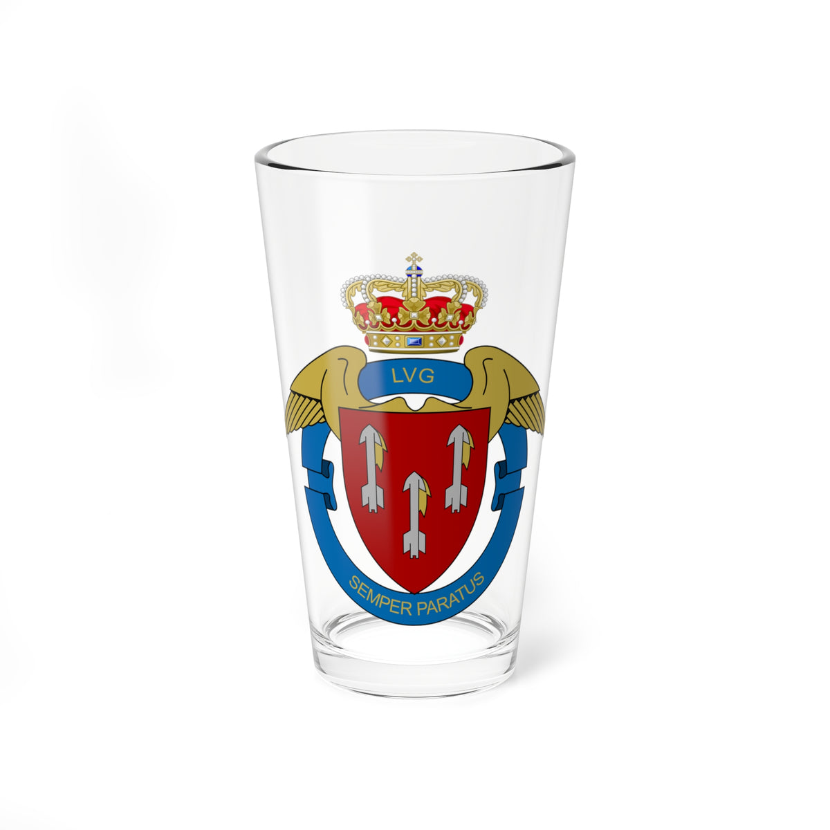 Flat vector heraldic crest with three grey arrows on a red shield, a crown above, gold wings and a blue motto ribbon.