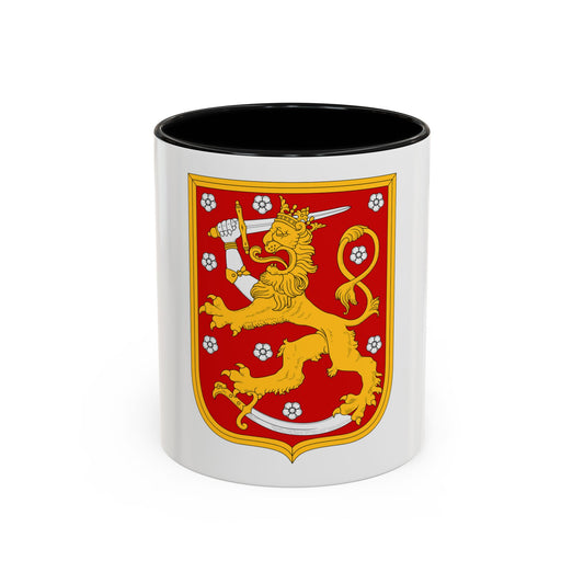 Red shield with a gold crowned lion holding a sword, scattered with white roses and framed by a gold border.