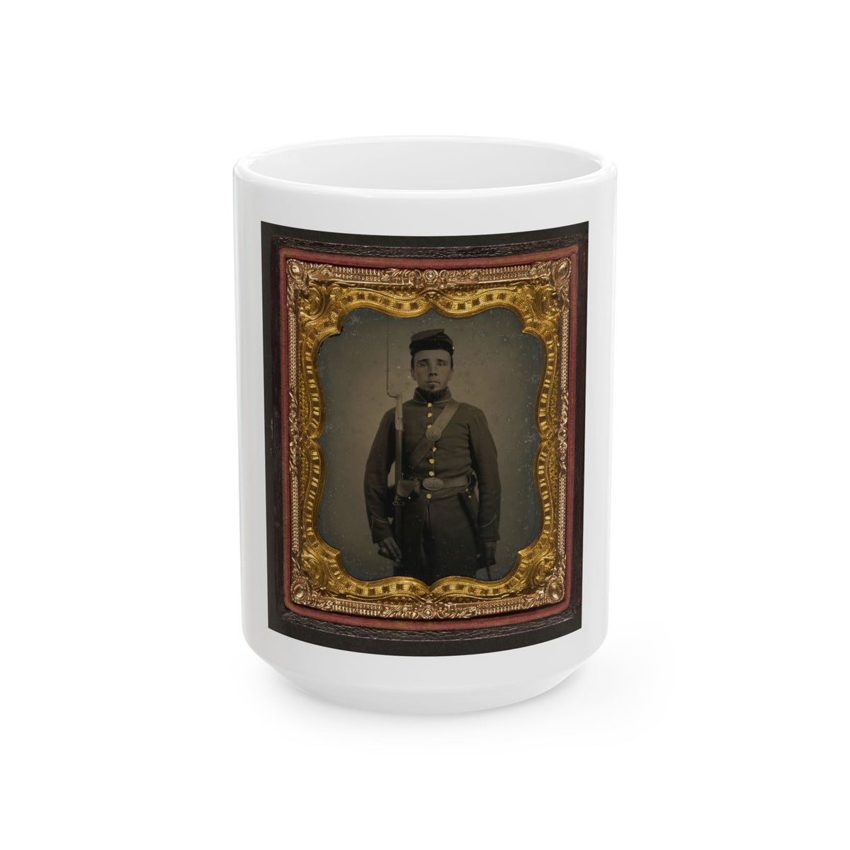 Unidentified Soldier In Union Uniform And Eagle Breast Plate With Bayoneted Musket, Cap Box, And Bayonet Scabbard (U.S. Civil War) White Coffee Mug