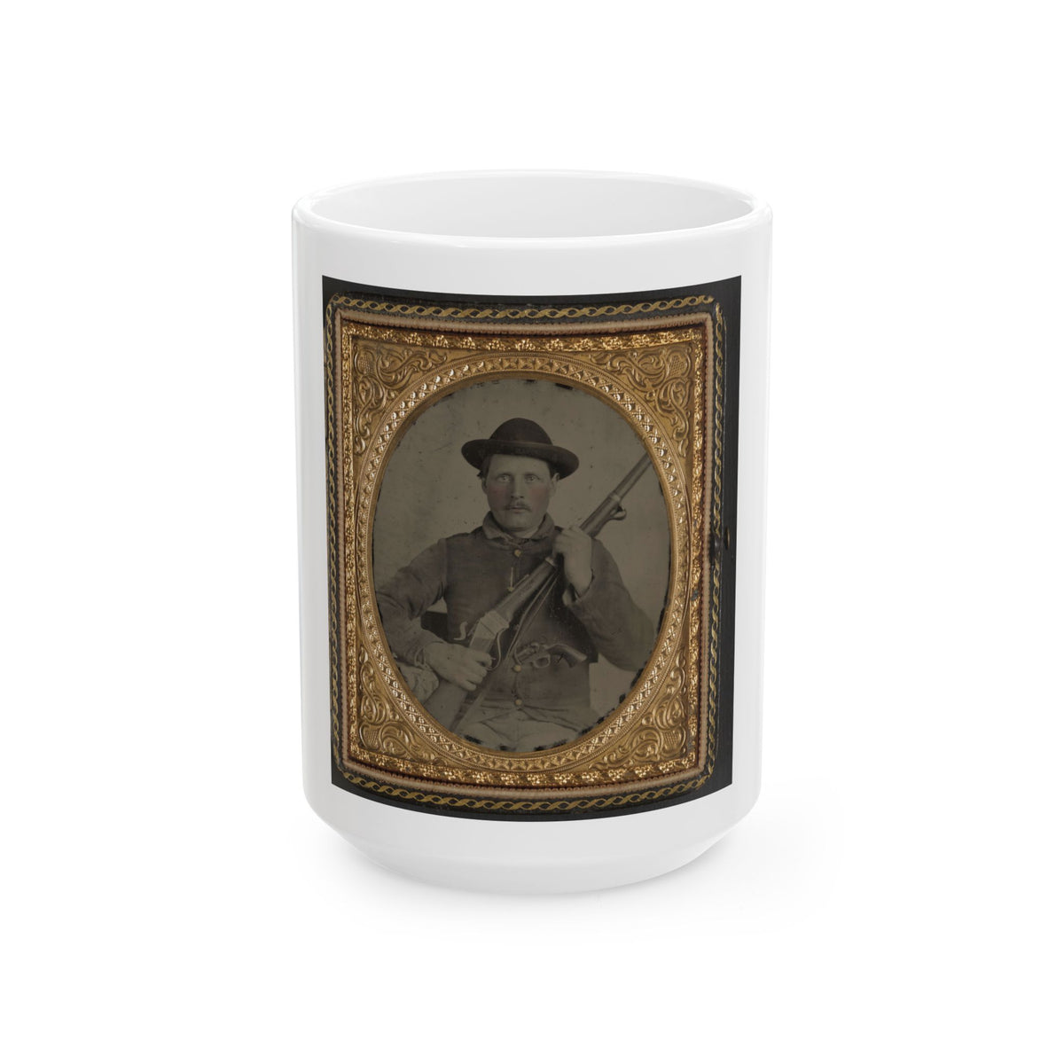 Unidentified Soldier In Confederate Uniform With Berdan's Sharps Rifle And Colt 1862 Police Model Pistol (U.S. Civil War) White Coffee Mug