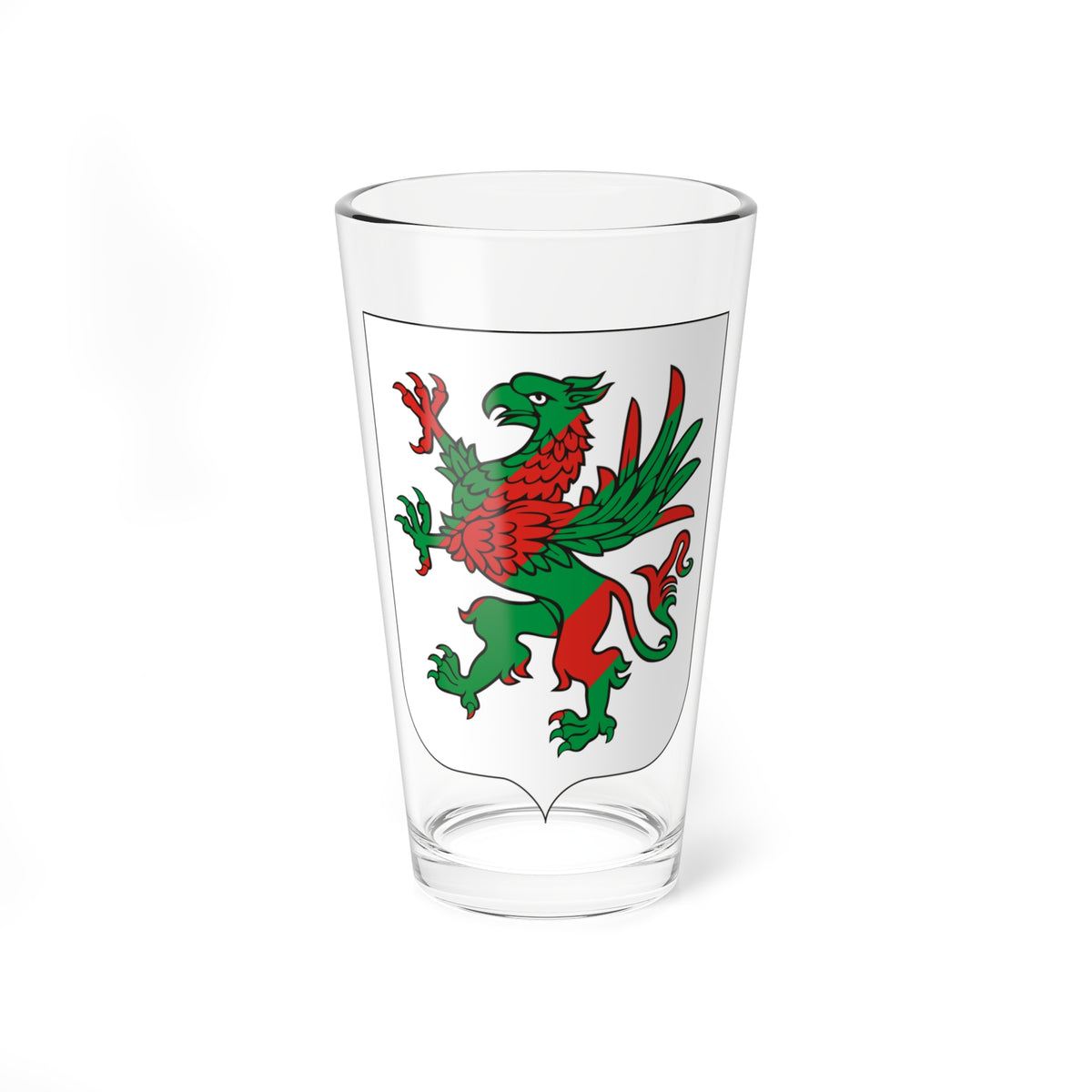 Green and red griffin rampant on a white heraldic shield outline, its colour divided diagonally.